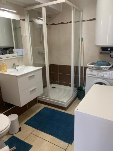a bathroom with a shower and a toilet and a sink at Le Venise 3 Etoiles Frejus in Saint-Aygulf