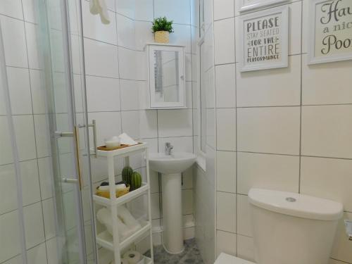La salle de bains blanche est pourvue de toilettes et d'un lavabo. dans l'établissement Entire 4 bedroom Terrace house in London, à Londres