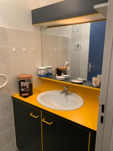 a bathroom with a sink and a mirror at Appartement T2 pour 4 personnes in Plage dʼArgelès