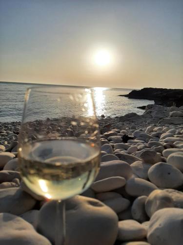 a glass of wine sitting on a rocky beach at Helles Doppelzimmer mit Bad, Terrasse und Pool, seperater Eingang, Liznjan, Istrien in Ližnjan