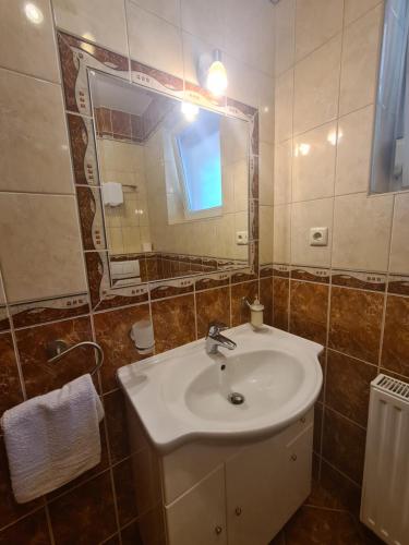 a bathroom with a sink and a mirror at Villa Riccardo & Pool in Siófok