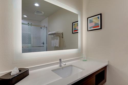 a bathroom with a sink and a large mirror at Holiday Inn Mobile Airport by IHG in Mobile