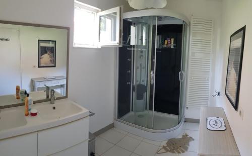 une salle de bain avec douche et lavabo dans l'établissement Confort et charme à 4km d'Arcachon centre, à La Teste-de-Buch