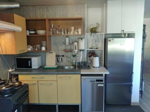 uma cozinha com um frigorífico de aço inoxidável e armários em Apartamentai KINTAI em Kintai