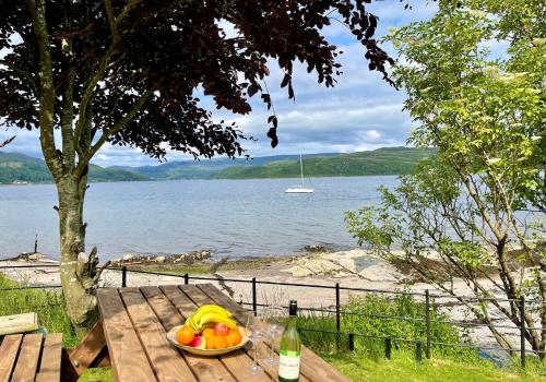 a plate of fruit on a picnic table next to a lake at Bute View in Kames