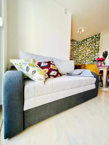 a couch with pillows on it in a living room at Oasis Apartments in Bijeljina