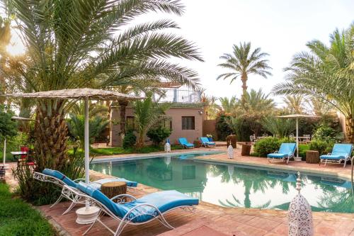 a pool with chairs and umbrellas and palm trees at Riad Zagora Palms in Zagora