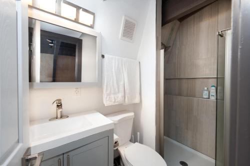 ein Badezimmer mit Waschbecken, Toilette und Spiegel in der Unterkunft 49330 Highway 550 in Durango Mountain Resort