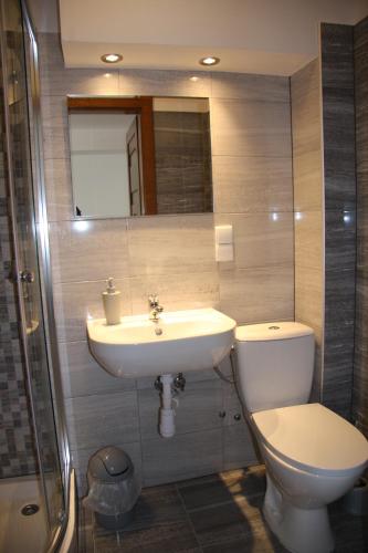 a bathroom with a toilet and a sink at Miętusia Przystań - Wynajem Pokoi in Ciche