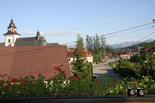 a view of a town with a church and flowers at Miętusia Przystań - Wynajem Pokoi in Ciche