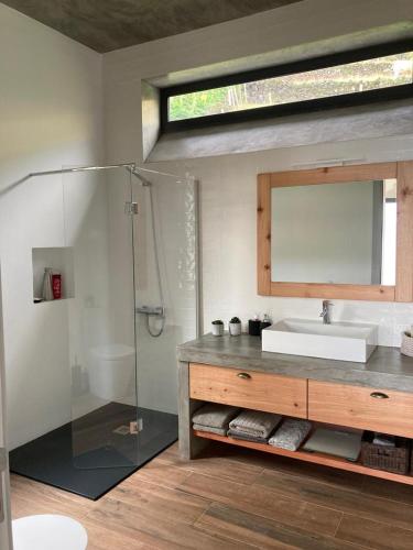 a bathroom with a sink and a shower and a mirror at Casa de Santo Amaro in Santo Amaro