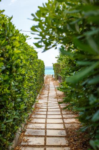 a path through a hedge with the ocean in the background at Apartments Alexandros in Polykhrono