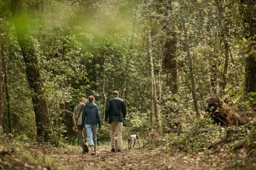 a group of three people walking down a trail with a dog at COMO Castello Del Nero in Tavarnelle in Val di Pesa