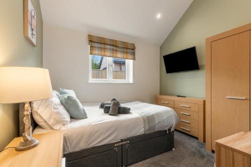 a bedroom with a bed with a television and a dresser at Cedar Cottage in Tenby