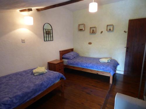 2 camas en una habitación con suelo de madera en La Metairie, en Parthenay
