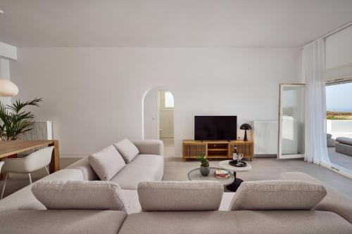 a living room with a couch and a tv at Lilium Homes in Karterados