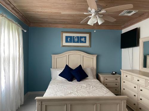 a bedroom with a bed with blue walls and a ceiling fan at Sapphire Garden Townhouses in Georgetown
