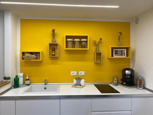 una cucina con lavandino e parete gialla di Silvano Cozy Loft a Bologna