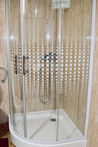 a shower with a glass door in a bathroom at Montebello Inn apartments in Ulcinj