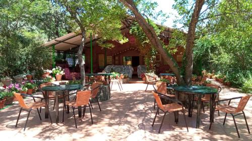 un patio con mesas y sillas bajo un árbol en Casa Rural: La Casa Mágica de Gredos en Madrigal de la Vera