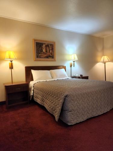 Habitación de hotel con 1 cama grande y 2 lámparas en Family Budget Inn, en Bethany