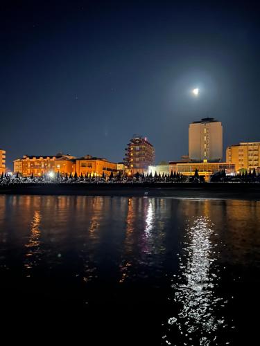 a city skyline at night with a body of water at Hotel Flamingo in Gatteo a Mare