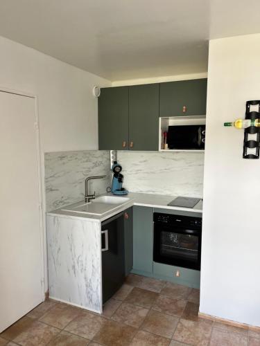 une cuisine avec un évier et un plan de travail dans l'établissement Le petit Cabourgeais, à Cabourg