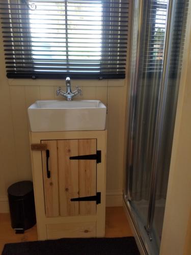 a bathroom with a sink and a shower at Rhydydefaid Cwt Clyd - Cosy Hut in Bala