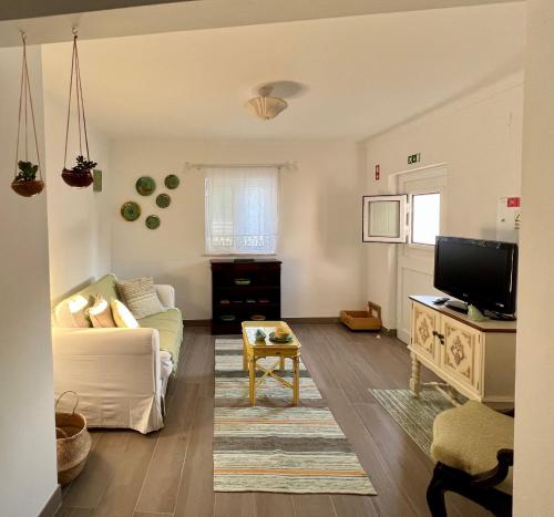 a living room with a couch and a tv at A Casa Branca in Mértola