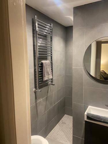a bathroom with a shower with a toilet and a sink at Spacious one bedroom ground floor apartment in Harrogate