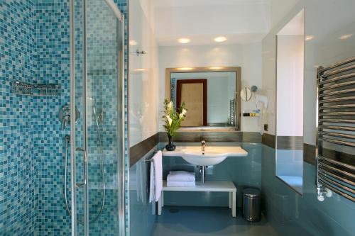 y baño con lavabo y ducha acristalada. en Hotel Serena srl en Roma