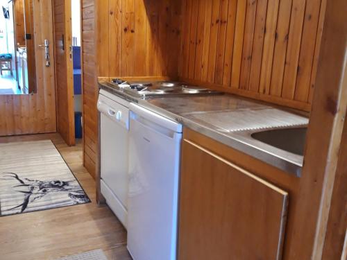 une cuisine avec un évier et un lave-vaisselle dans l'établissement Studio lumineux au pied des pistes, balcon Sud-Ouest, Wi-Fi gratuit, 4 pers, Arc 1800 - FR-1-346-391, à Arc 1800