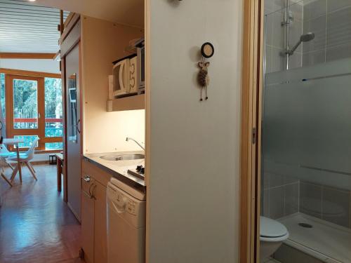 - une cuisine avec un lavabo et des toilettes dans la chambre dans l'établissement Studio Cabine au Pied des Pistes - Balcon, Wifi Gratuit, Parking Proche - FR-1-346-434, à Arc 1800
