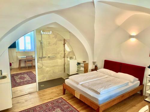 Appartements im Herzen der Passauer Altstadt في باساو: غرفة نوم مع سرير مزدوج كبير ودش