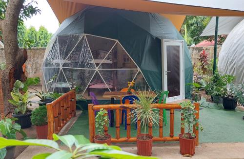 a dome tent with a table and chairs in a garden at Shenanigans Glamping Resort in Zamboanguita