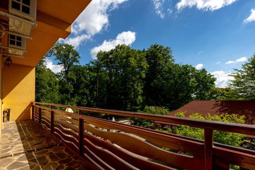 a balcony of a building with a view of trees at Pension Bella Vista in Sighişoara