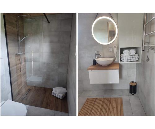 two pictures of a bathroom with a shower and a sink at Sauna balia - Nowa Osada Domki przy plaży - całoroczne domki na Mazurach in Ryn