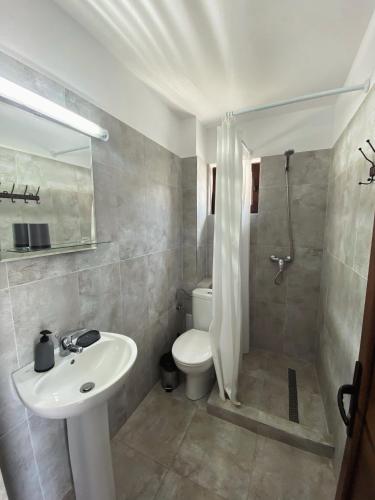 ein Badezimmer mit einem weißen Waschbecken und einer Toilette in der Unterkunft Vila Levitas in Dubova