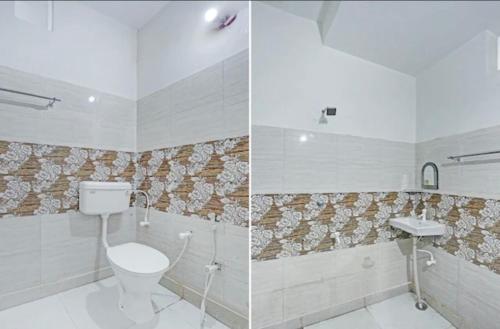 two pictures of a bathroom with a toilet and a sink at Hotel NK guesthouse in Sikandra