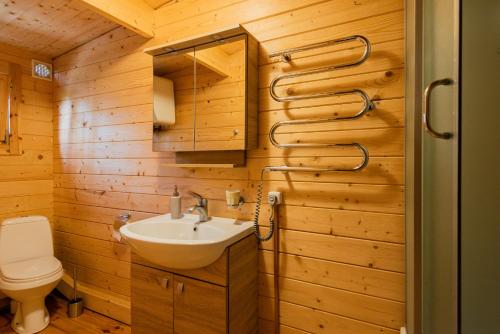 uma casa de banho com um lavatório e um WC em Kunigiškės, svečių namai em Palanga