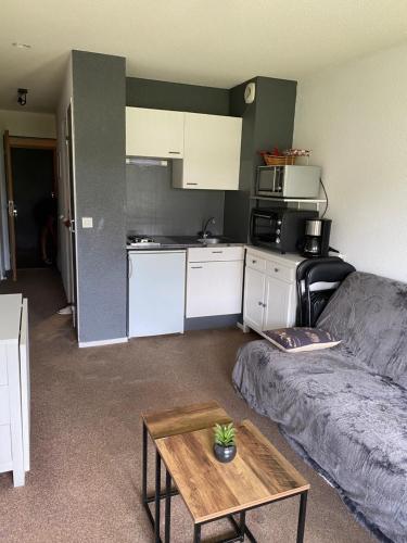 un salon avec un canapé et une table dans l'établissement Bel appartement 4 à 6 couchages au pied des pistes à Superbagneres, à Saint-Aventin