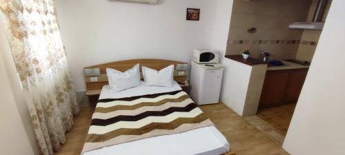 a small room with a bed and a kitchen at Vila Florelena in Năvodari