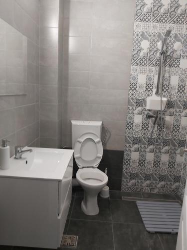 a bathroom with a white toilet and a sink at Casa Dobro Dubova in Dubova
