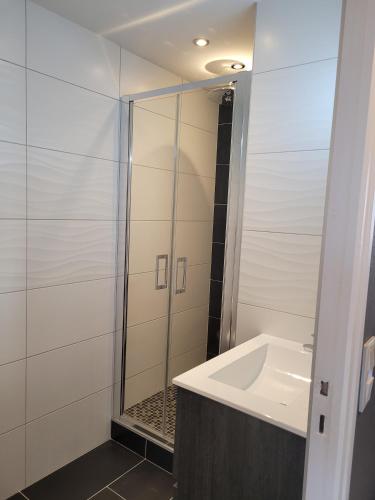 une salle de bain avec douche et lavabo dans l'établissement La Mosloise, à Mosles