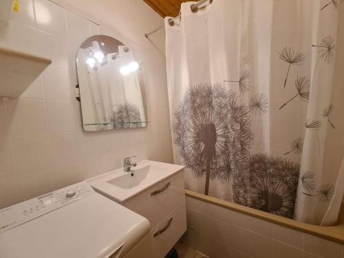 une salle de bain avec un lavabo et un rideau de douche dans l'établissement Studio/Cabine Mer 4 Pers: Terrasse, Près Plage, Garage Privé, Tout équipé, St-Jean-de-Monts - FR-1-224C-70, à Saint-Jean-de-Monts