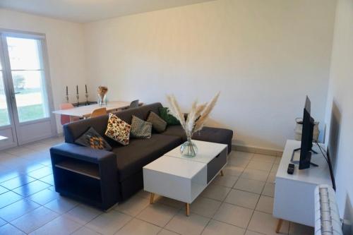 a living room with a couch and a table at Superbe appartement avec piscine in Aureilhan