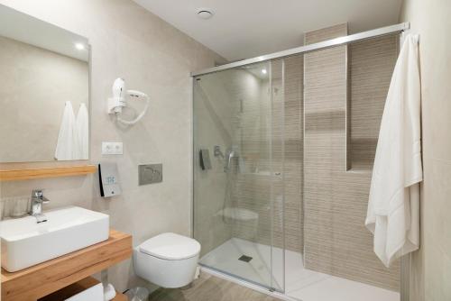 e bagno con doccia, servizi igienici e lavandino. di Nerja VG Hostal Boutique a Nerja