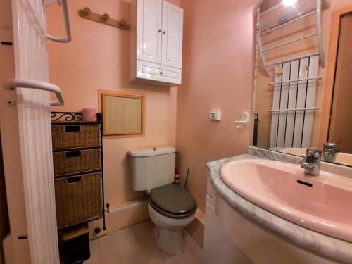 une salle de bain avec toilettes et lavabo dans l'établissement Studio pour 2 personnes avec balcon Sud face au jardin ESF, proche des pistes et remontées mécaniques - FR-1-452-269, aux Menuires