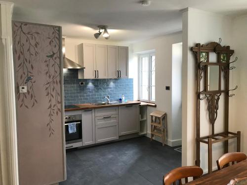 une cuisine avec un évier et une cuisinière four supérieur dans l'établissement Town house Jumilhac-le-Grand, à Jumilhac-le-Grand