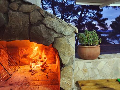 a stone fireplace with a plant in a pot at Stone Villa Hvar Ana Nikola Beach Park and Sea View in Jelsa